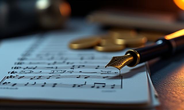 A stack of sheet music with a gold fountain pen representing royalties and recoupment