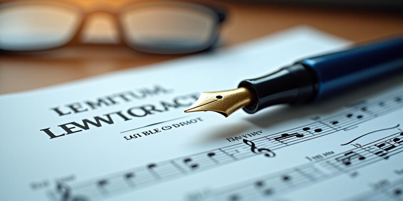 Close up of a luxury fountain pen resting on a music score and a legal contract